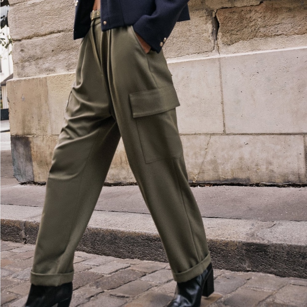 Zara Balloon belted green Khaki cargo pants